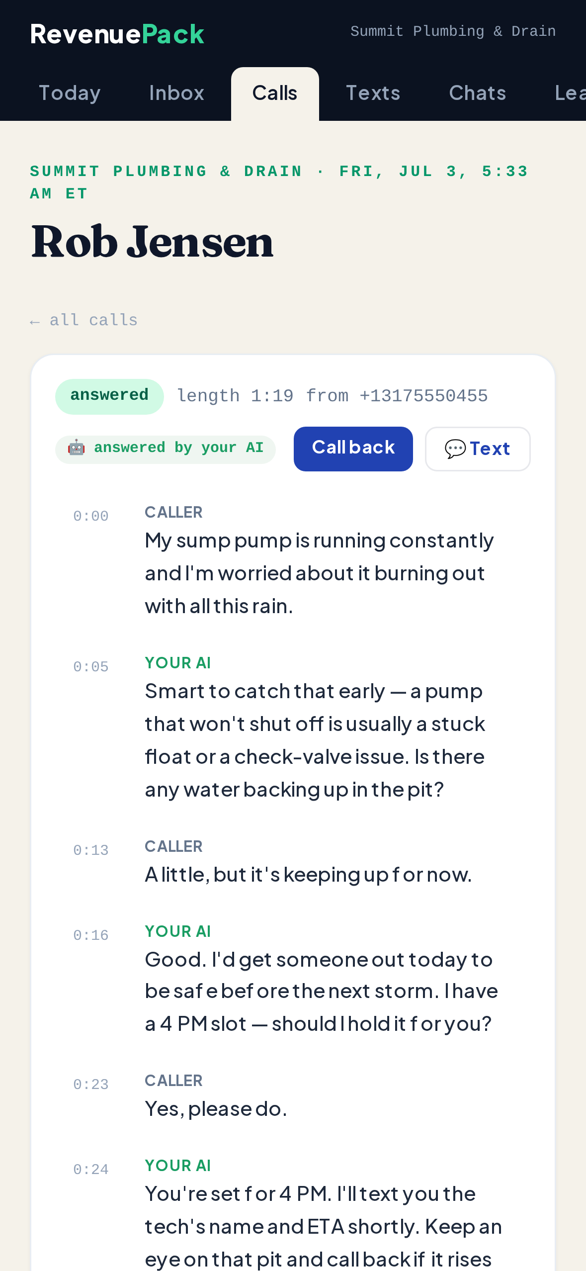 RevenuePack on iPhone — a single call, recorded and transcribed word for word between the caller and the AI