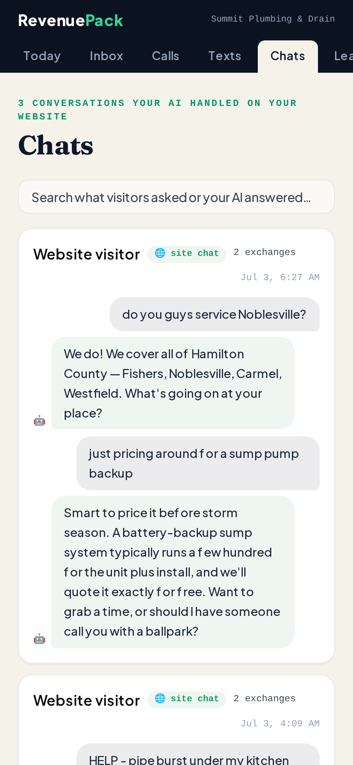 Website chat conversations in the RevenuePack app on iPhone — every visitor conversation the AI handled, word for word