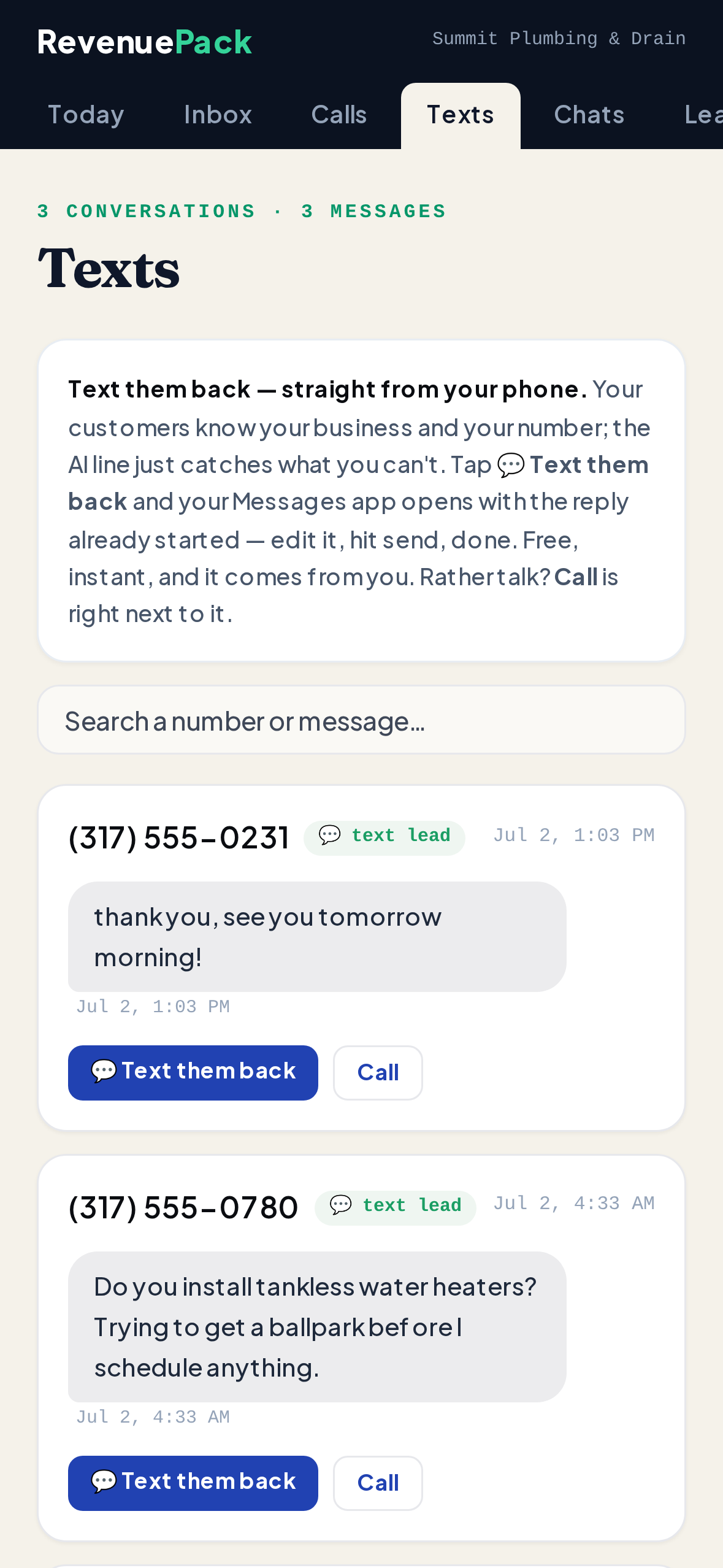 RevenuePack on iPhone — text conversations with one-tap Text-them-back buttons that open your reply pre-written